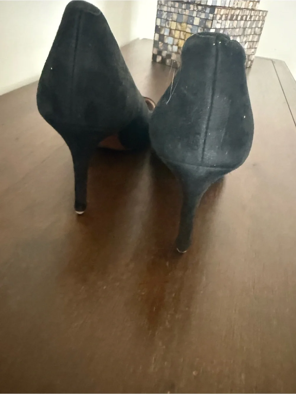 Tory Burch Black Suede Pointed Toe Heel Pumps with Gold Logo